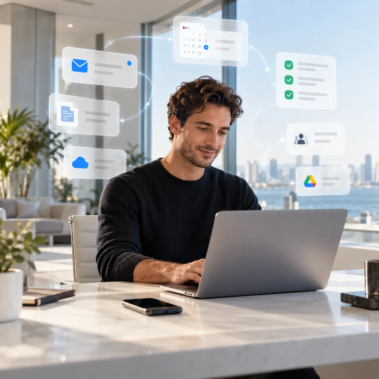 Professional at a laptop surrounded by connected email, calendar, task, contact and file panels