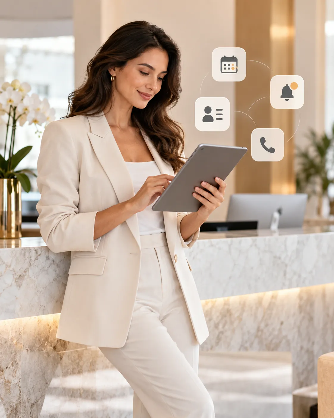 Front desk manager managing appointments, contacts and reminders on a tablet
