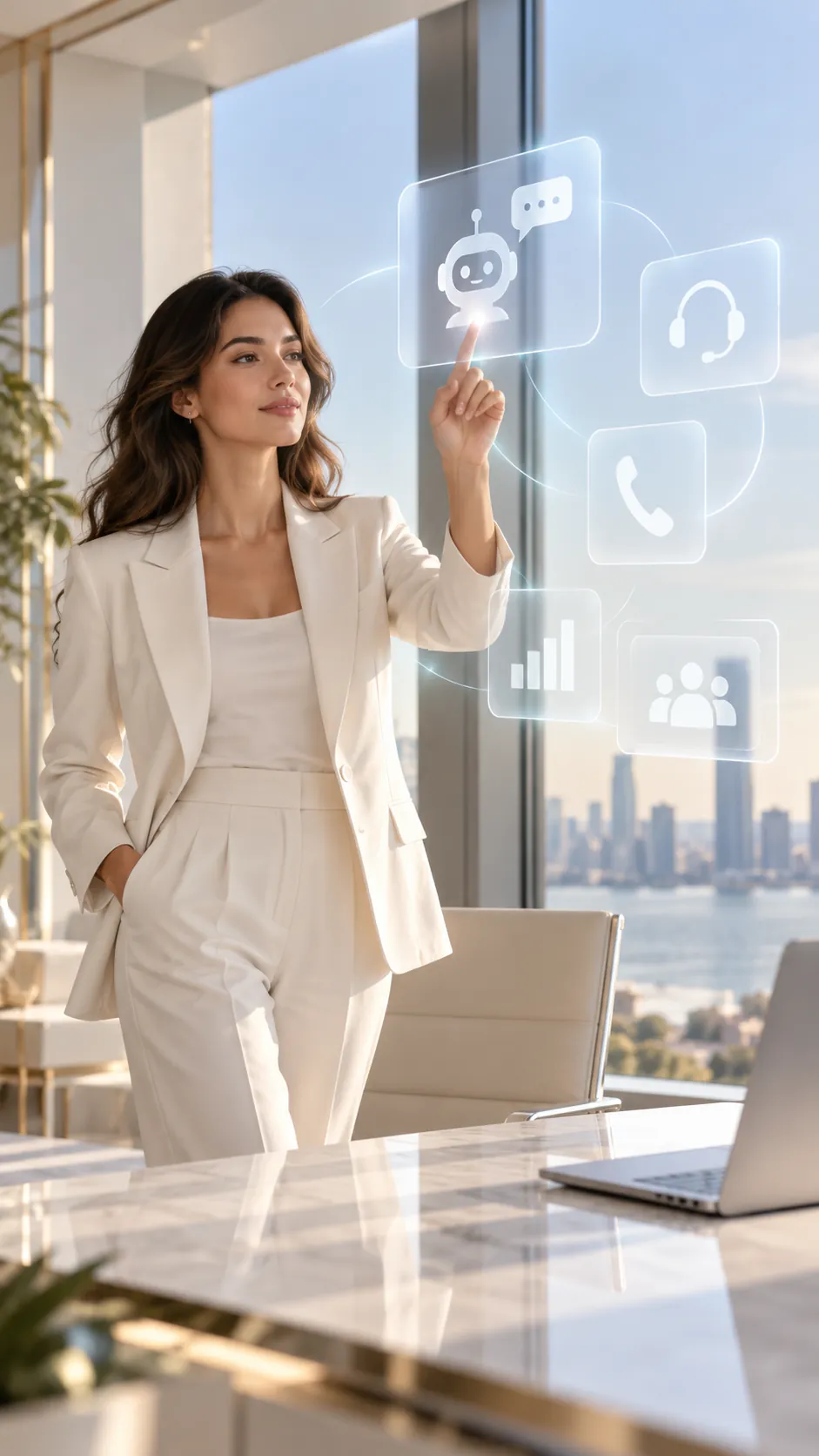 Professional selecting the AI assistant from floating call, support and analytics panels