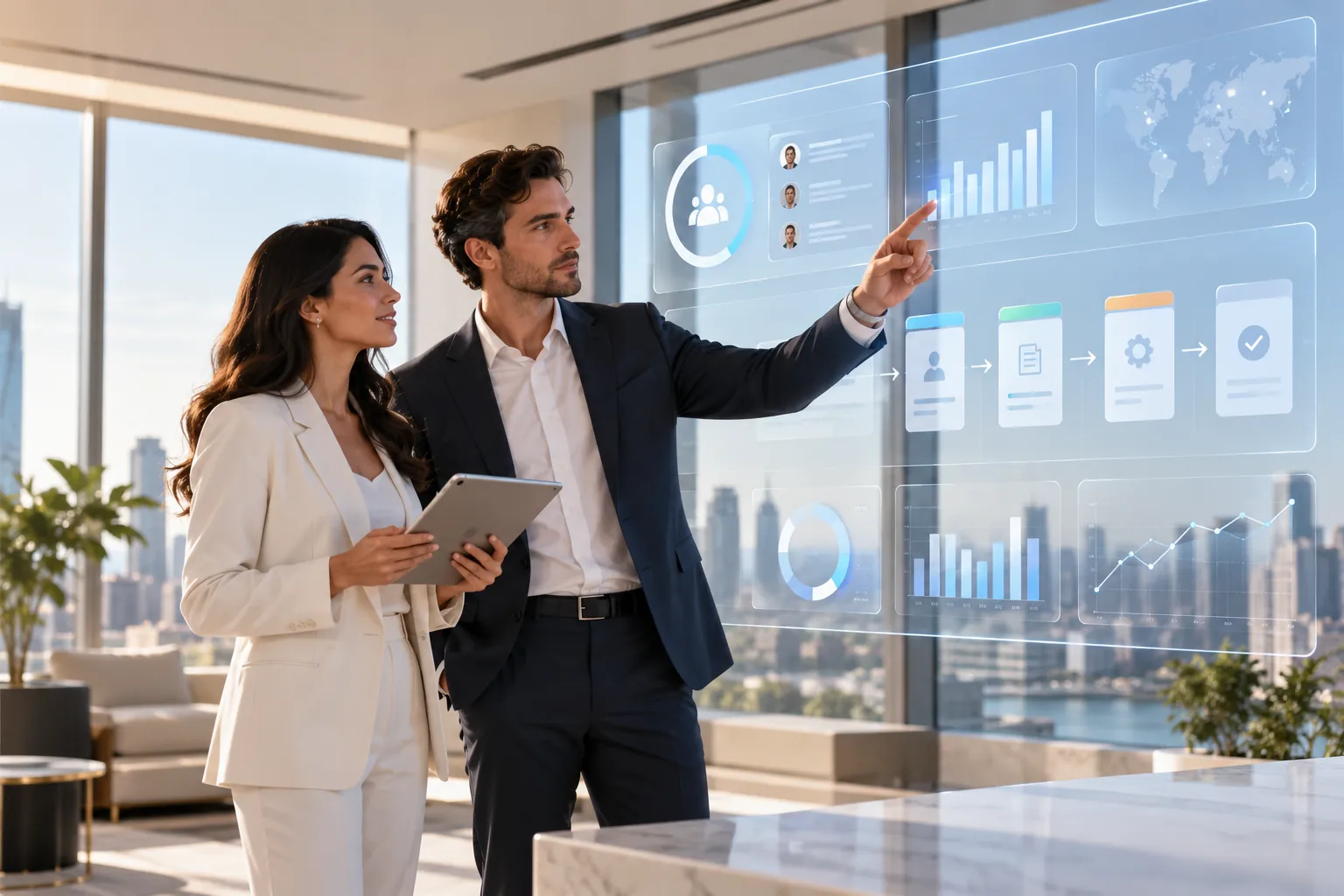 Two professionals reviewing customers, pipeline stages and revenue charts on a large dashboard